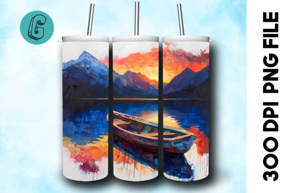 Oil Paint Lonely Boat Tumbler Wrap 39: Illustrations & Graphics